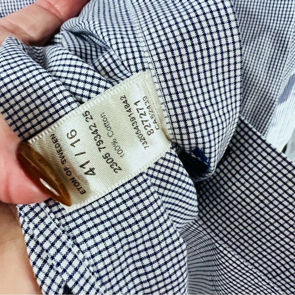 Eton of Sweden Contemporary Blue Checkered Long Sleeve Button Down Shirt Size 16 - Picture 7 of 8